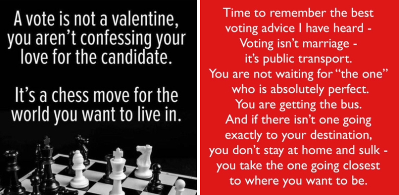 Voting is like taking the bus. there's no perfect candidate so vote for whoever gets you closest to where you want to go